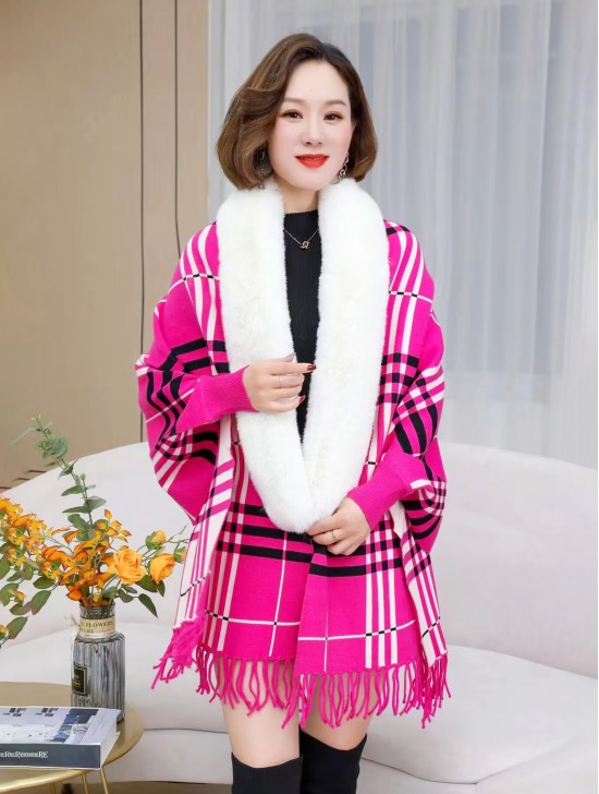 Cashmere Feeling Plaid Open-front Cape W/ Fur Collar